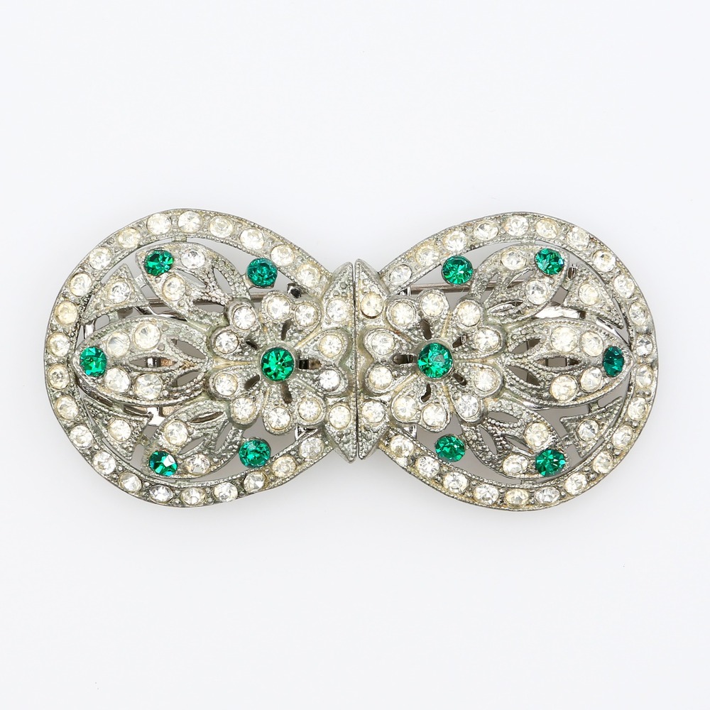 Vintage Coro Duette Brooch Dress Clips Green Clear Rhinestone Art Deco Pin 1930s - Picture 1 of 12
